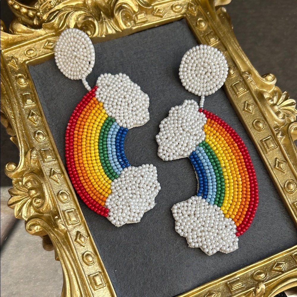 Beaded Rainbow & Cloud Statement Earrings - Colorful Seed Beads